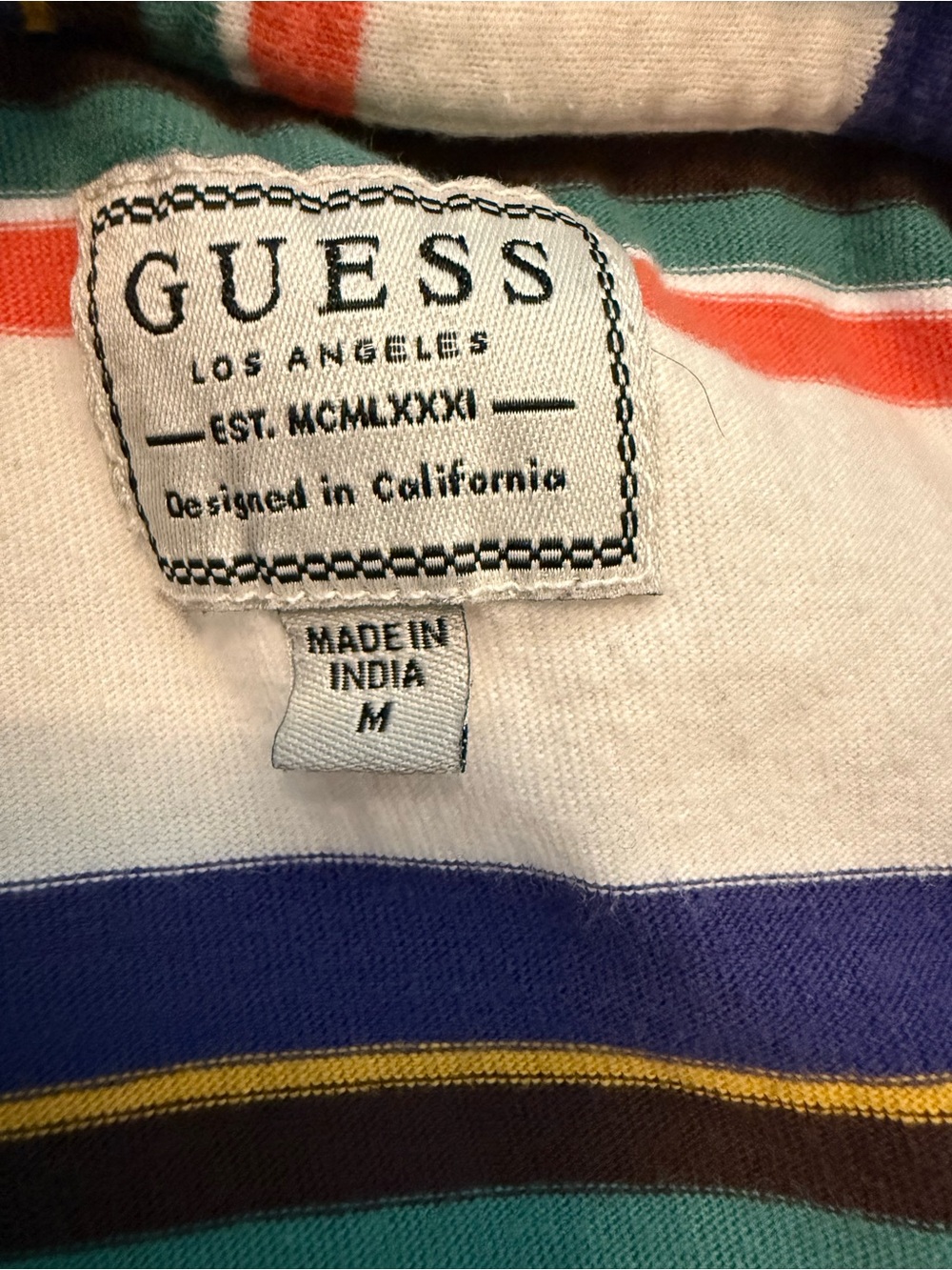 GUESS Vintage Multicolor Striped Short-Sleeve Tee with Green Collar - Medium - Picture 4 of 4